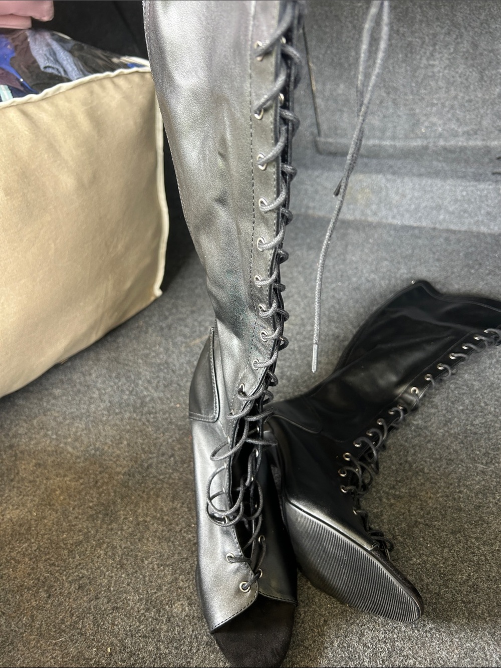 Women's Black Lace-Up Knee-High Heeled Boots - Picture 3 of 6